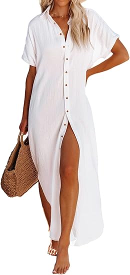 Womens Casual Short Sleeve Side Split Button Down Long Kimonos Cardigans Swimsuit Cover Ups Summer Beach Dress