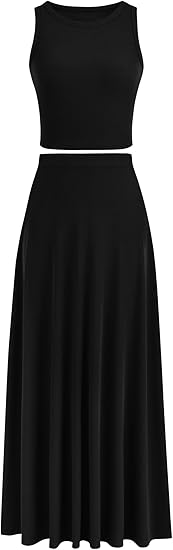 Women's 2 Piece Maxi Skirt Sets Casual Summer Knit Cropped Tank Top High Waisted Long Skirts Outfit