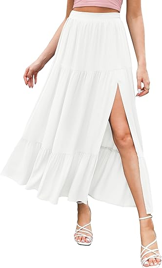 Women's 2025 Summer Boho Flowy Maxi Skirt Trendy Slit Elastic High Waist A Line Beach Long Skirts with Pockets