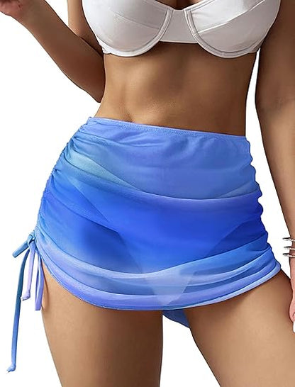 Women's Beach Cover Up Skirt Mesh Sheer Ruched Drawstring Short Swim Skirt Cover Ups for Swimwear