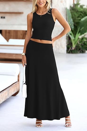 Women's 2 Piece Maxi Skirt Sets Casual Summer Knit Cropped Tank Top High Waisted Long Skirts Outfit