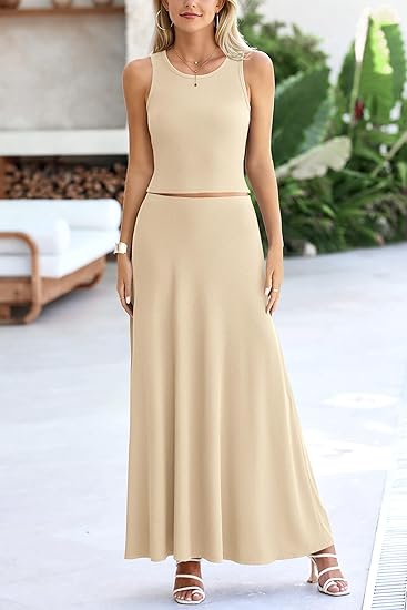 Women's 2 Piece Maxi Skirt Sets Casual Summer Knit Cropped Tank Top High Waisted Long Skirts Outfit