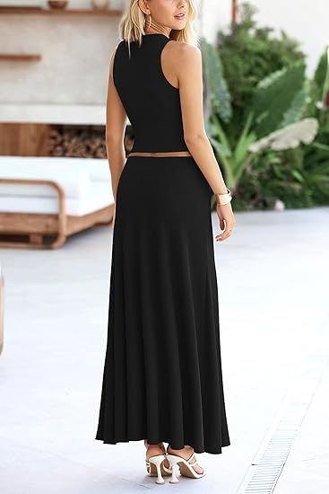 Women's 2 Piece Maxi Skirt Sets Casual Summer Knit Cropped Tank Top High Waisted Long Skirts Outfit