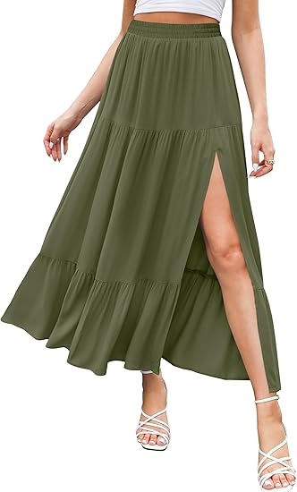 Women's 2025 Summer Boho Flowy Maxi Skirt Trendy Slit Elastic High Waist A Line Beach Long Skirts with Pockets