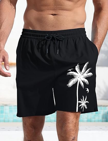 Men Swim Trunks with Compresssion Liner 7 Inch Inseam Board Shorts Bathing Suit with Zipper Pockets