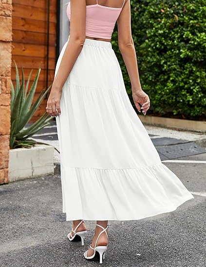 Women's 2025 Summer Boho Flowy Maxi Skirt Trendy Slit Elastic High Waist A Line Beach Long Skirts with Pockets