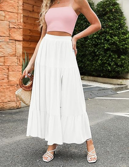 Women's 2025 Summer Boho Flowy Maxi Skirt Trendy Slit Elastic High Waist A Line Beach Long Skirts with Pockets