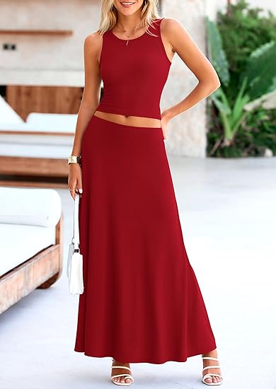 Women's 2 Piece Maxi Skirt Sets Casual Summer Knit Cropped Tank Top High Waisted Long Skirts Outfit