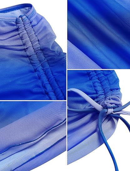 Women's Beach Cover Up Skirt Mesh Sheer Ruched Drawstring Short Swim Skirt Cover Ups for Swimwear